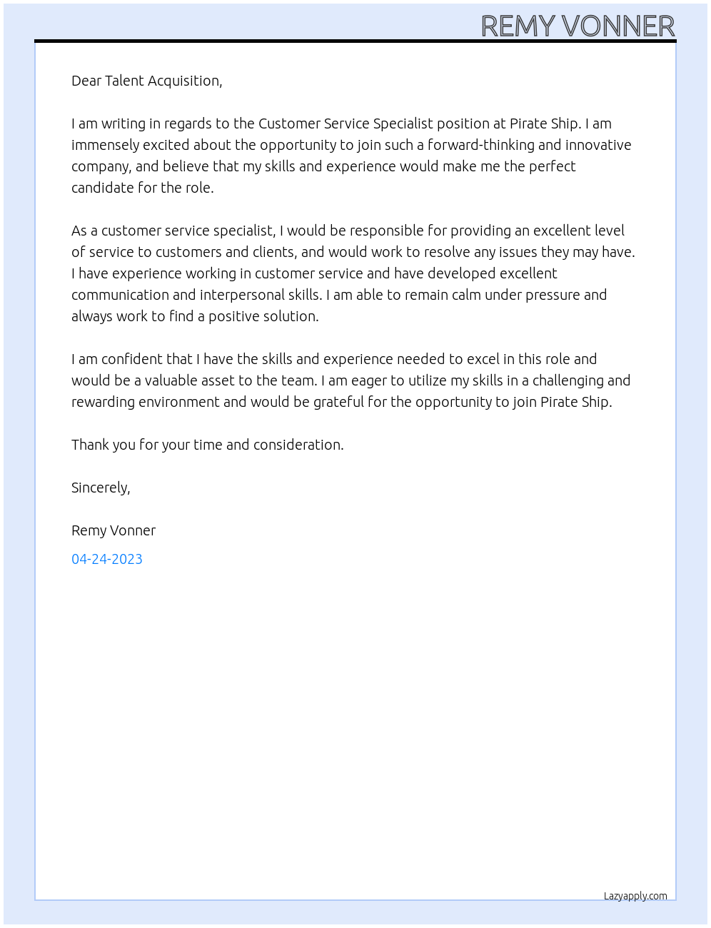 Customer Service Specialist At Pirate Ship Cover Letter