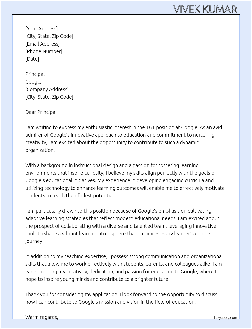 TGT At Google  Cover Letter
