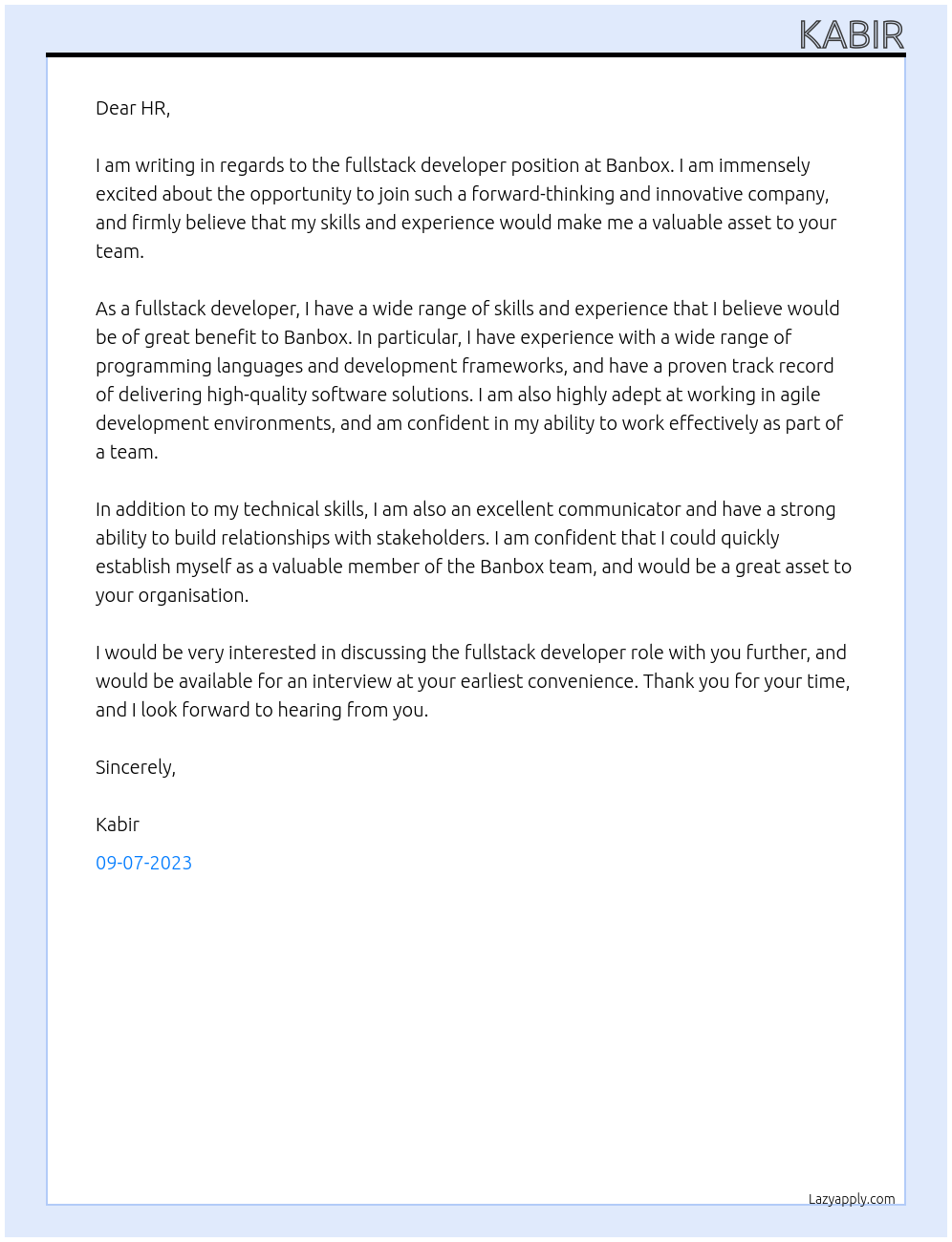 Fullstack developer At Banbox Cover Letter