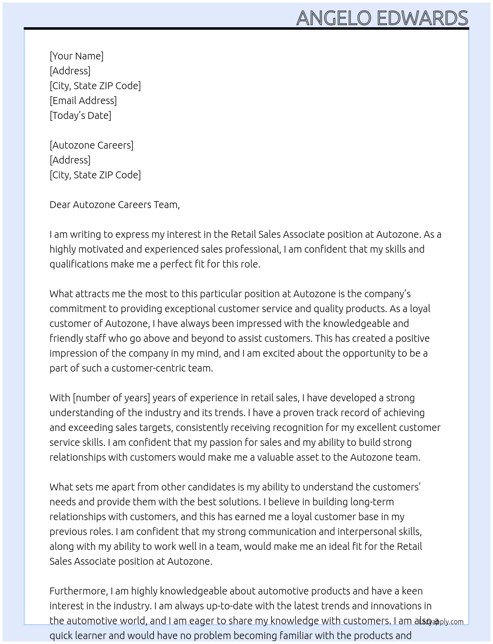 Retail sales associate At Autozone careers Cover Letter