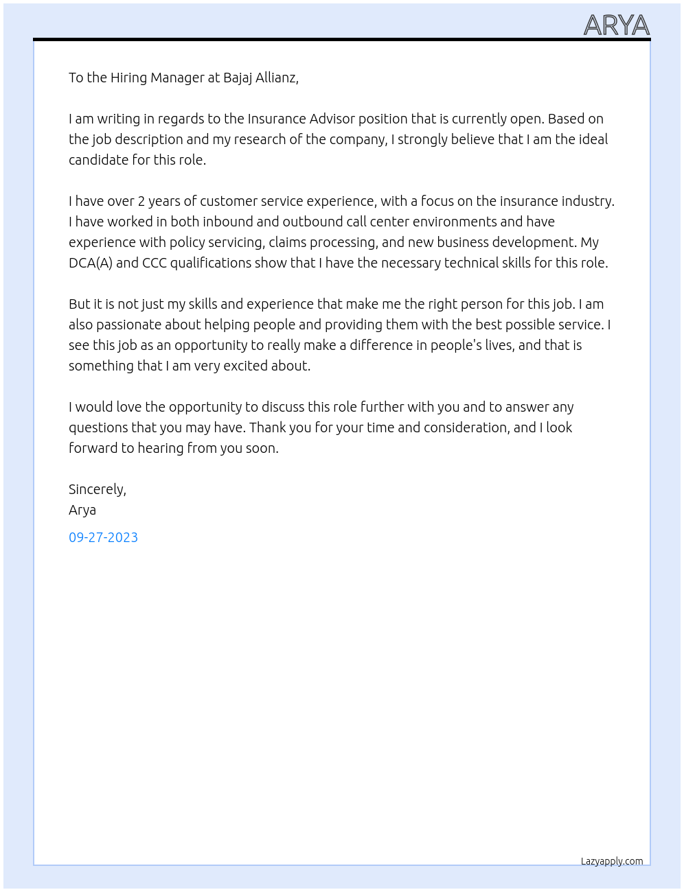 Insurance Advisor  At Bajaj Allianz  Cover Letter