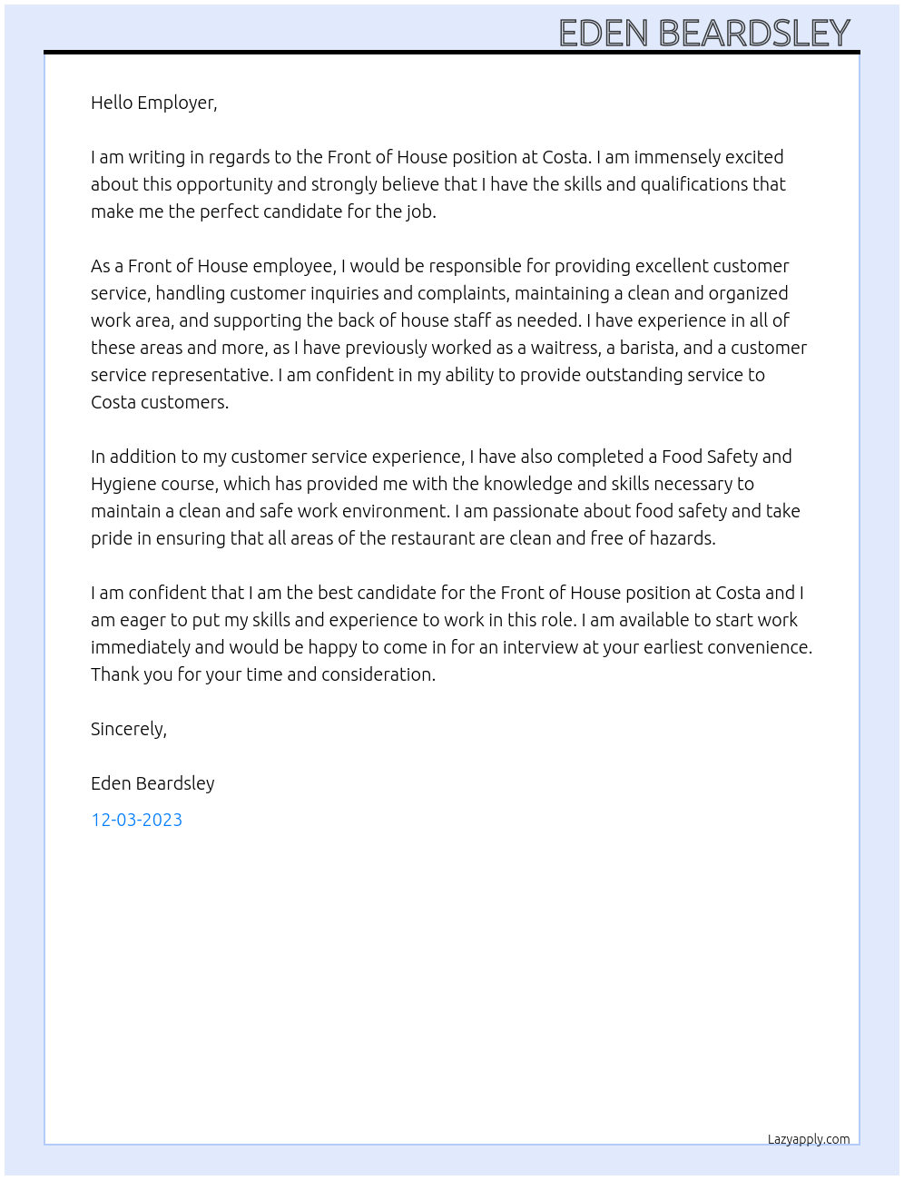 Front of House At Costa Cover Letter