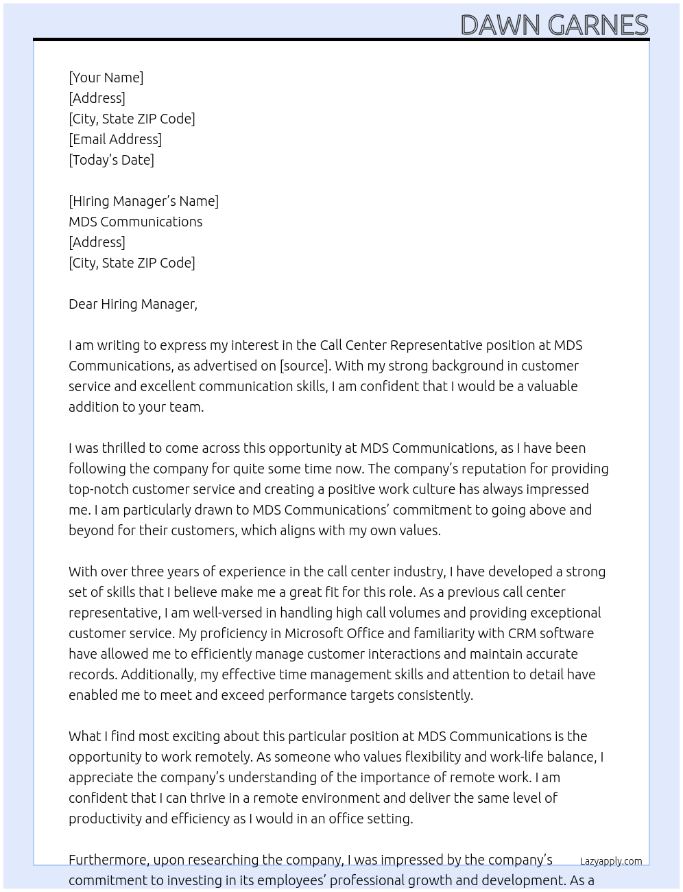 Call Center Representative At MDS Communications Cover Letter