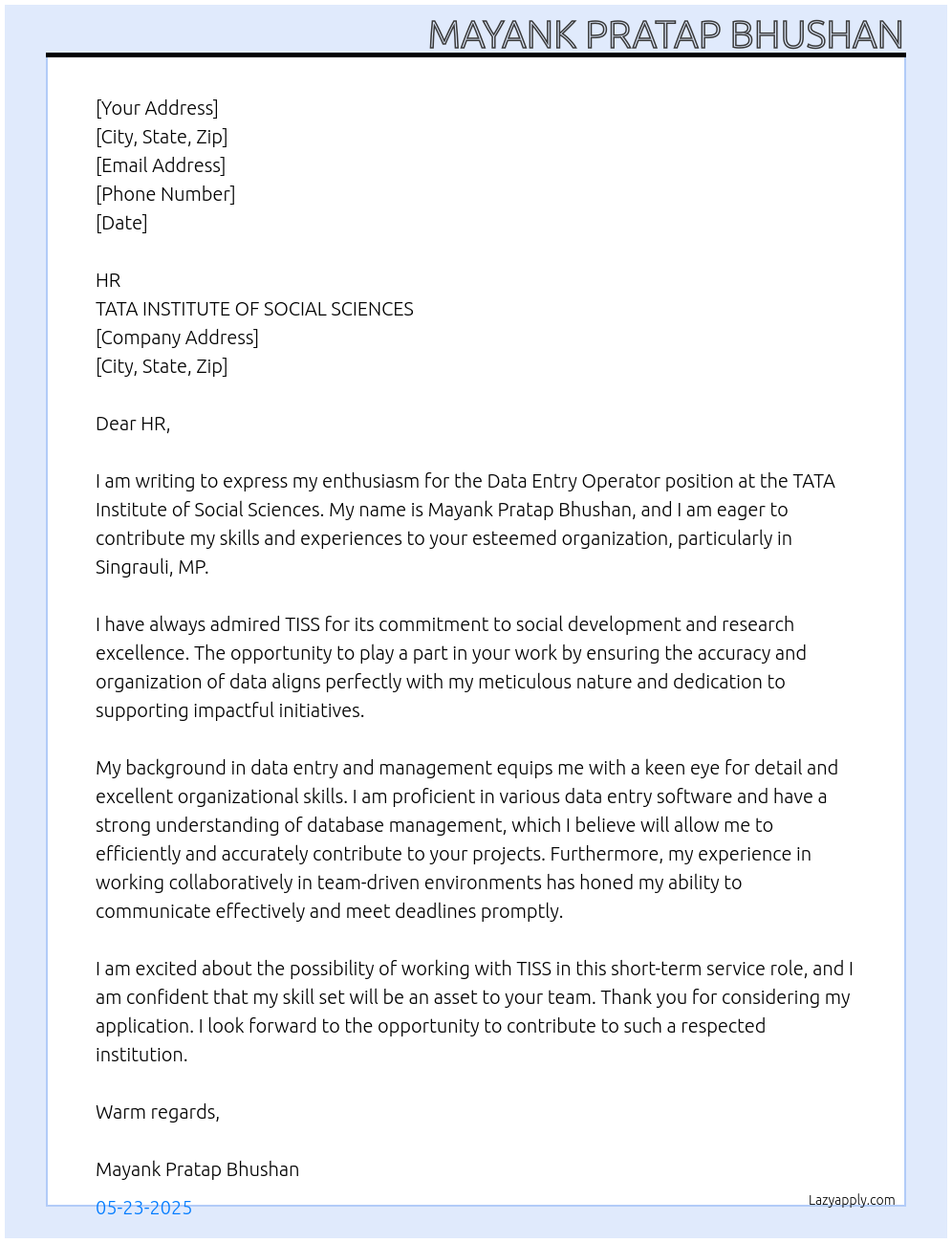 Cover letter for apply for data entry operator - LazyApply