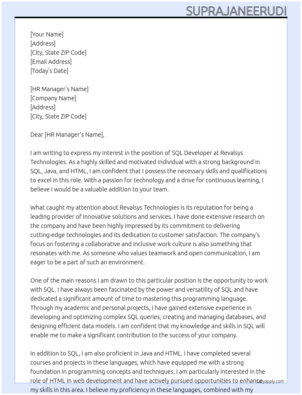 SQL developer At Revalsys Technologies Cover Letter