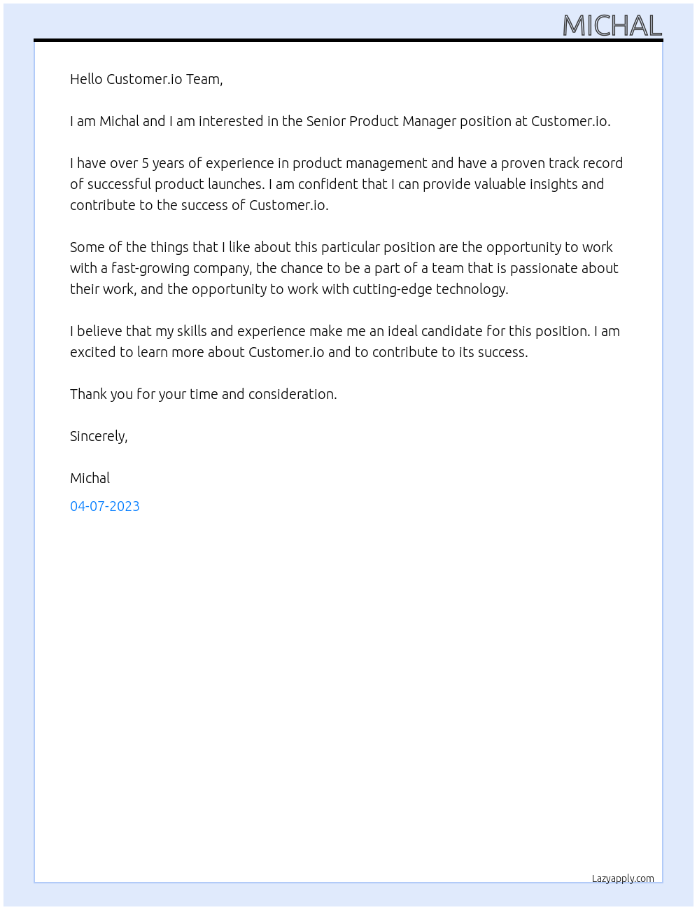Senior Product Manager At Customer.io Cover Letter