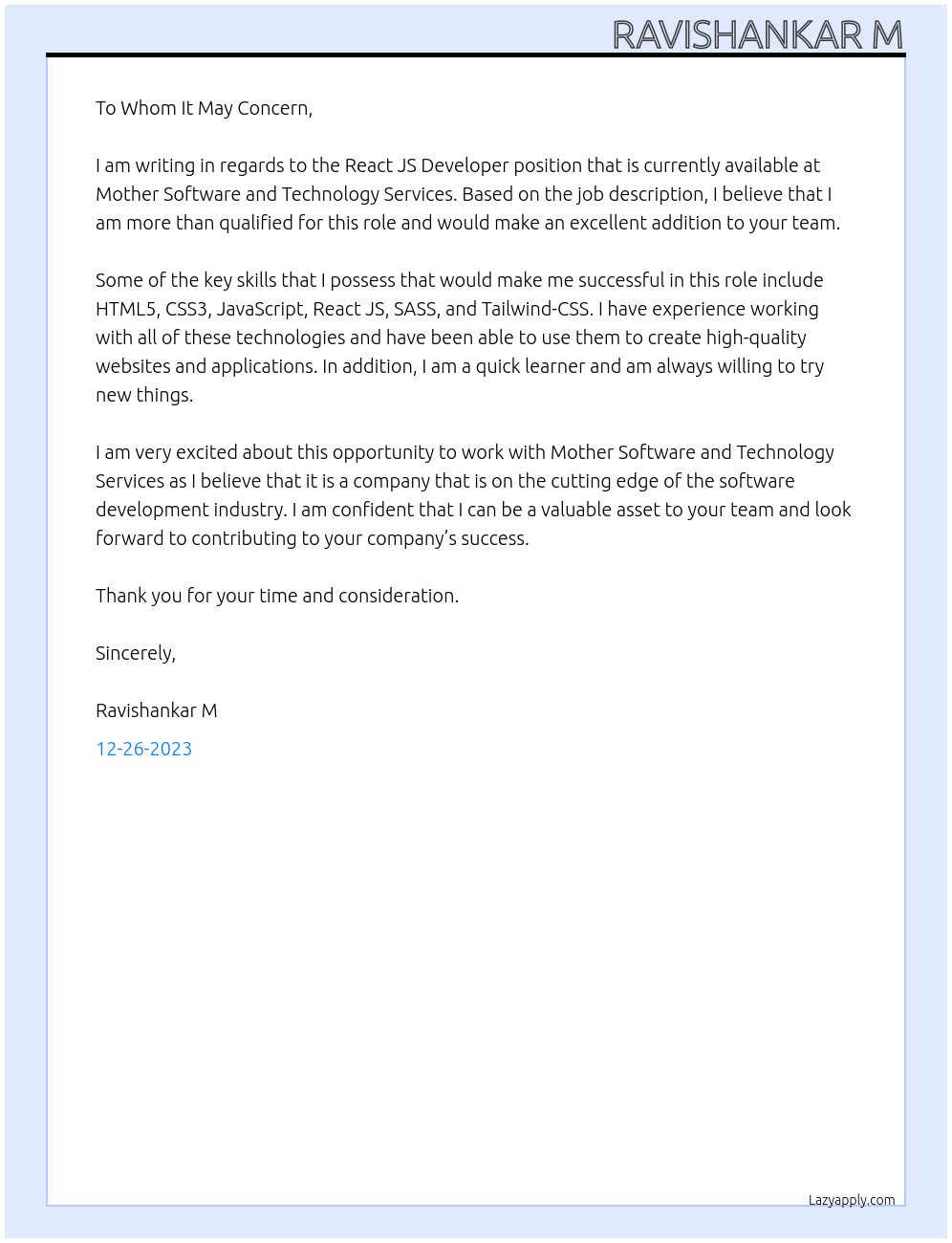 React JS Developer At Mother Software and Technology Servi Cover Letter