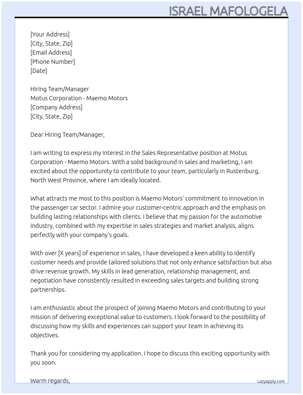 Sales Representative At Motus Corporation - Maemo Motors - Passenger cars Cover Letter