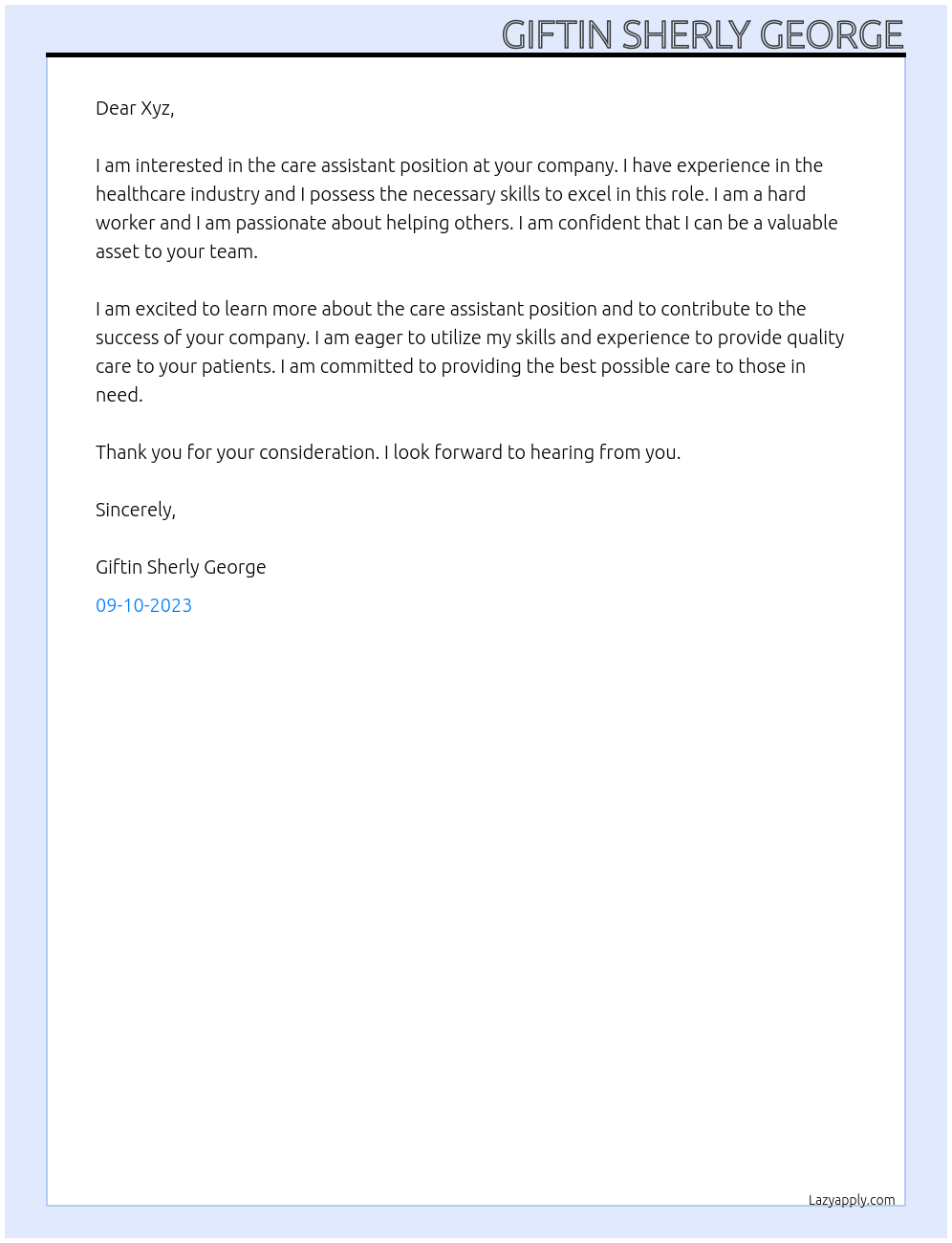 Care assistant At Xyz Cover Letter