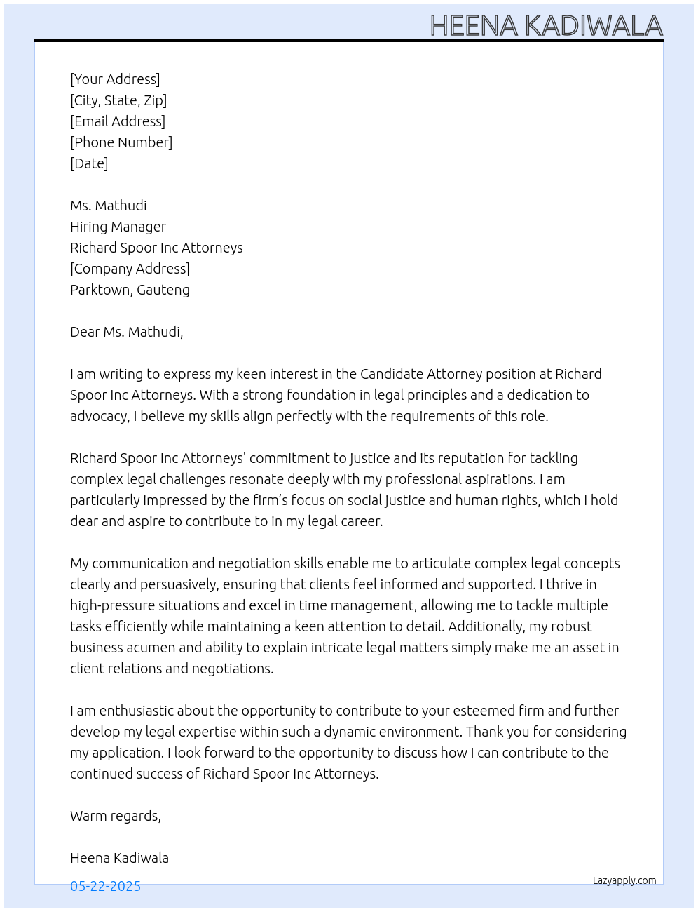 Candidate Attorney At Richard Spoor Inc Attorneys Cover Letter