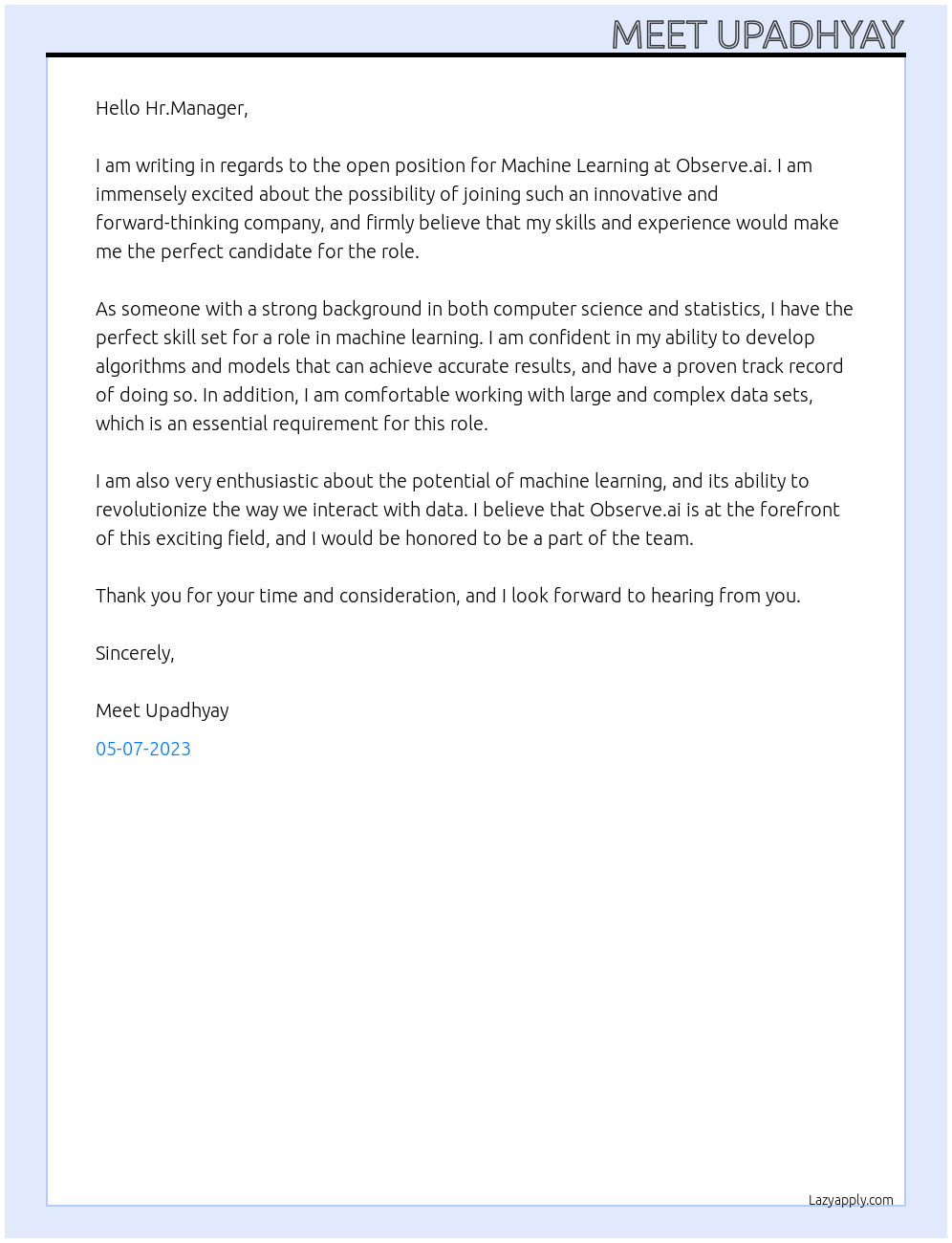Machine Learning  At Observe.ai Cover Letter