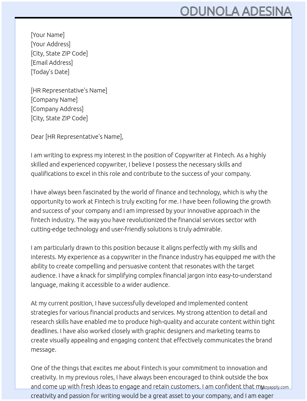 Copywriter At Fintech Cover Letter