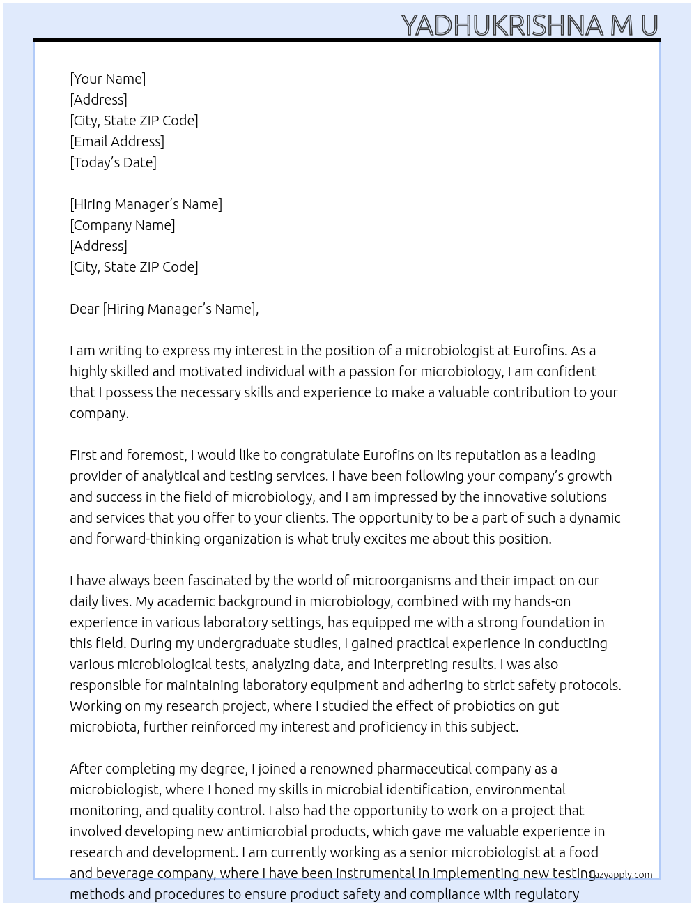 microbiologist At Eurofins Cover Letter