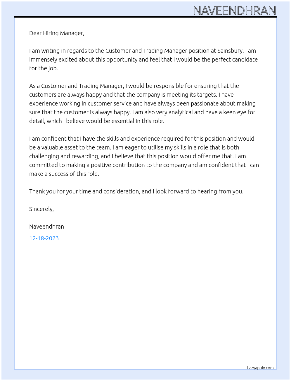 Customer and trading manager At Sainsbury Cover Letter