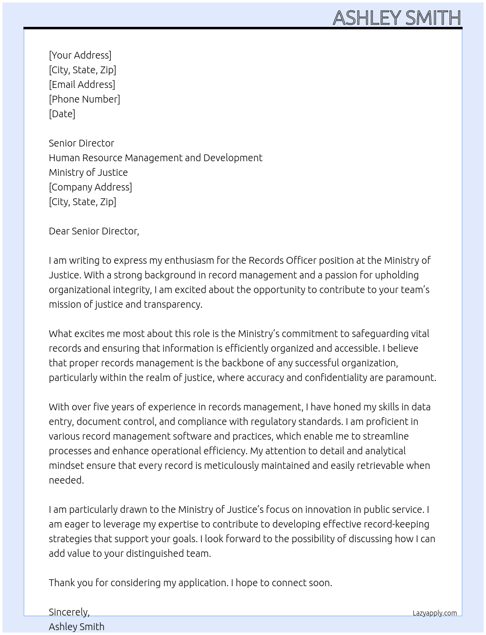 Records officer At Ministry of Justice Cover Letter