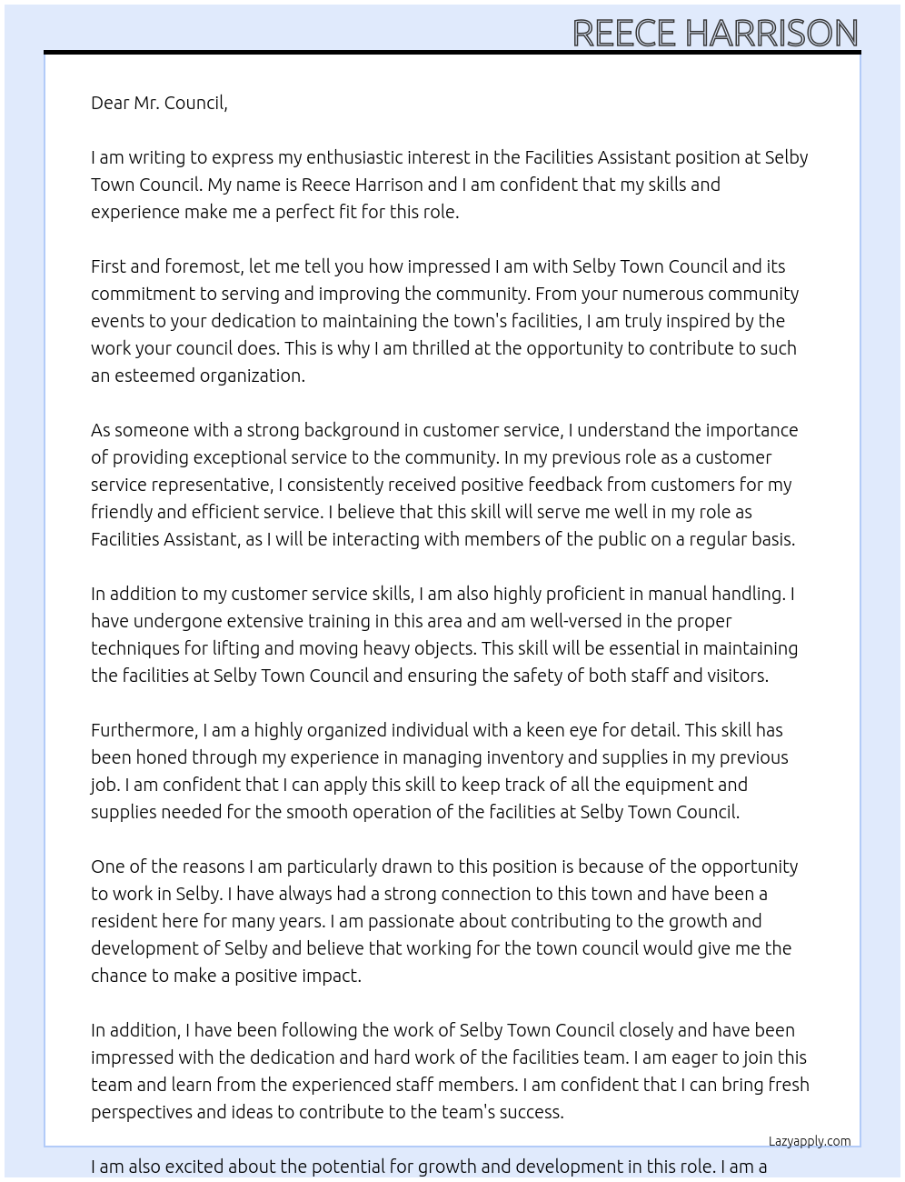 Facilities Assistant At Selby Town Council Cover Letter