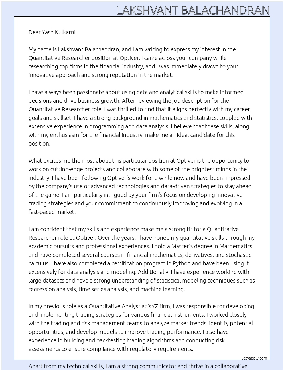 Quantitative researcher At optiver Cover Letter