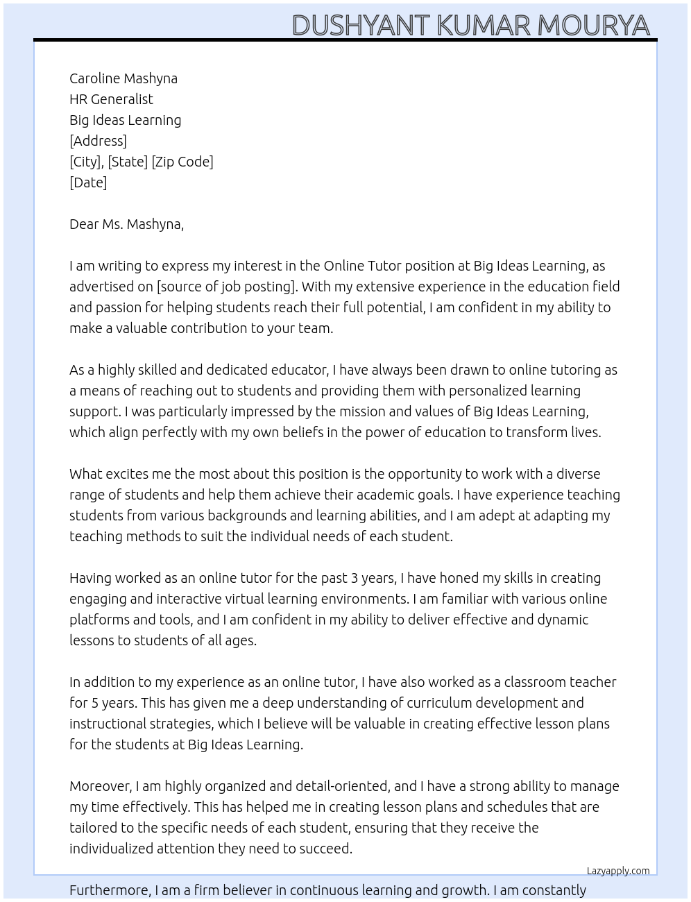 Online Tutor At Big Ideas Learning Cover Letter