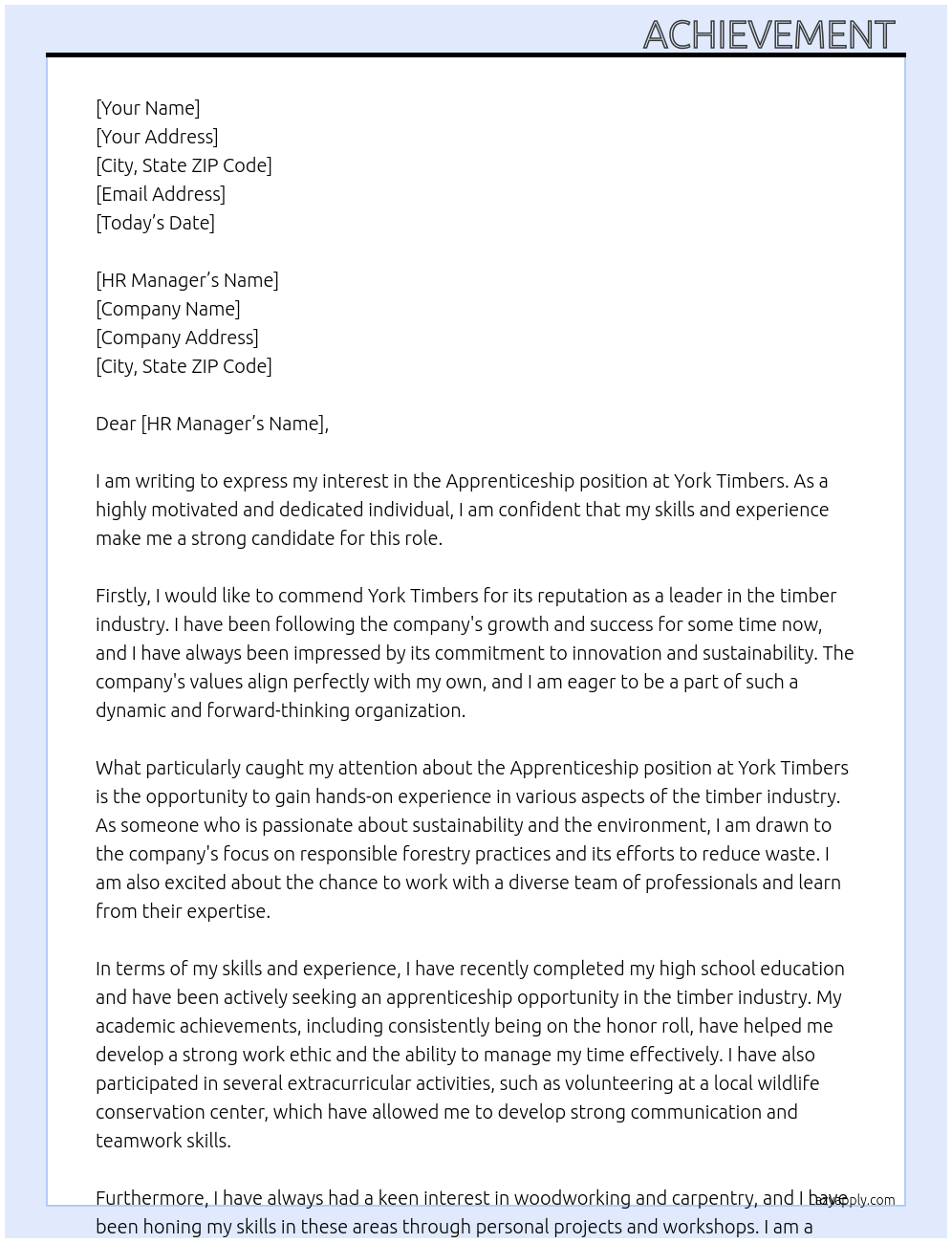 Apprenticeship At York timbers Cover Letter