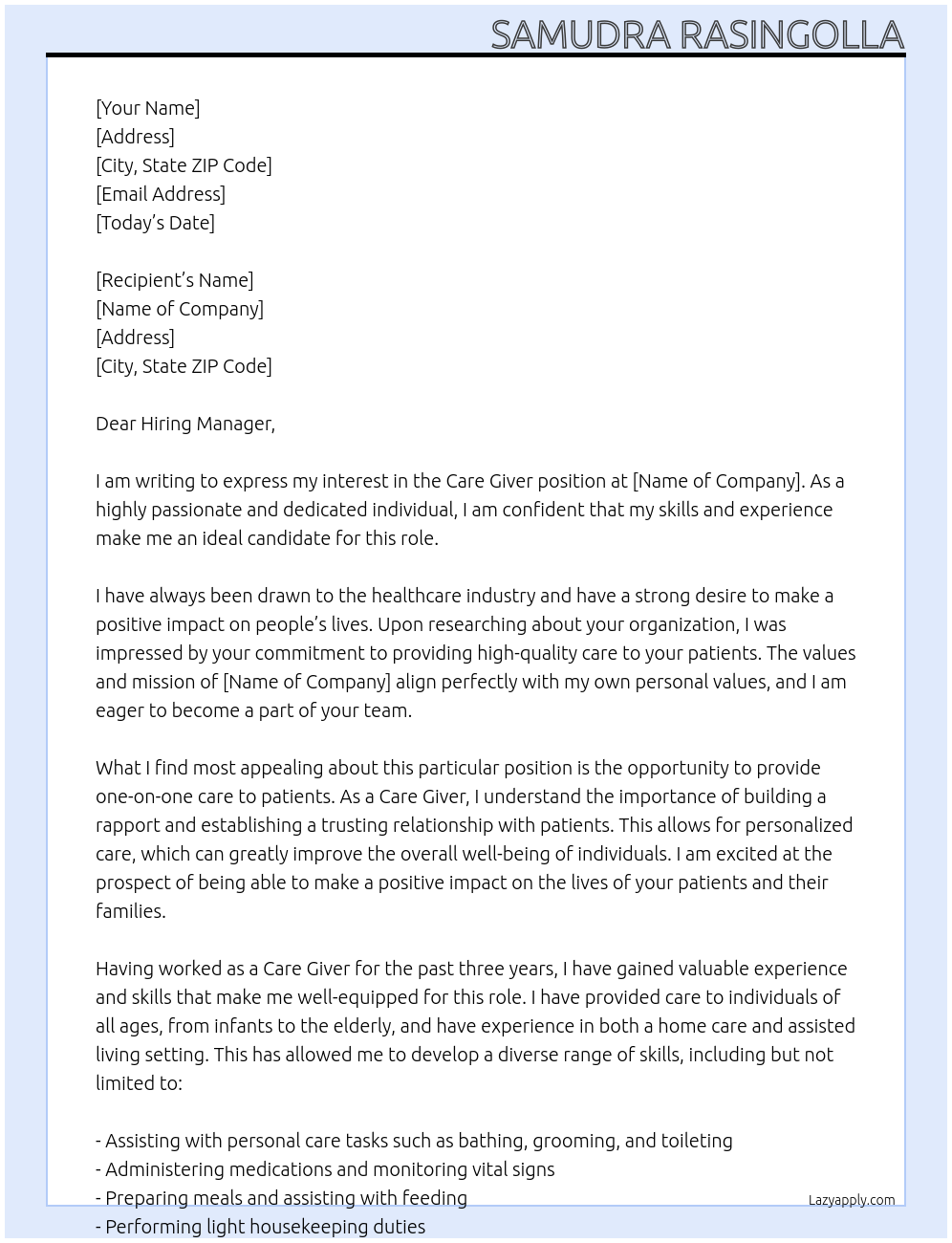 Care Giver At Health Care Organization Cover Letter