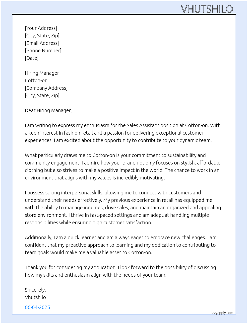 Sales assistant At Cotton-on Cover Letter