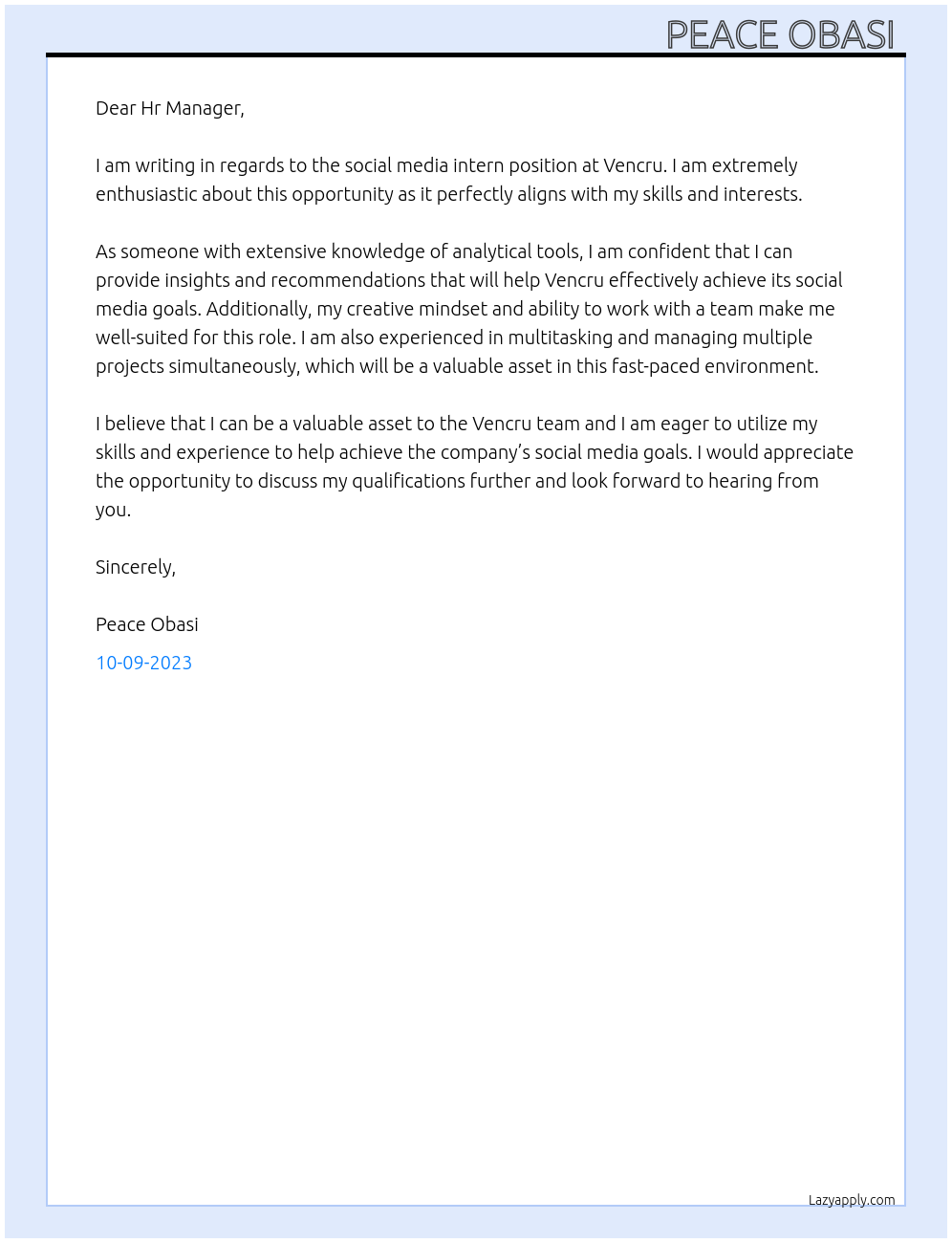 Social media intern At Vencru Cover Letter