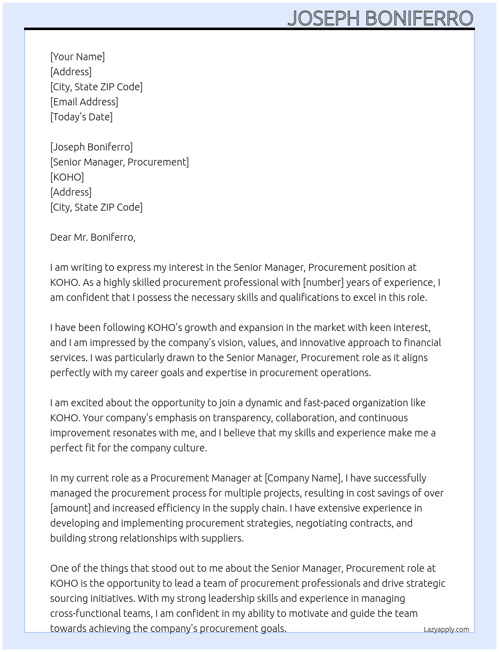 Senior Manager, Procurement At KOHO Cover Letter