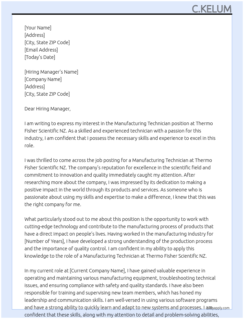 Manufacturing Technician At Thermo fisher scientific nz Cover Letter