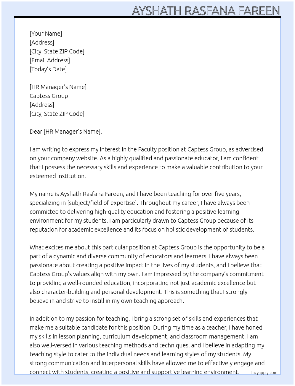 Faculty At Captess Cover Letter