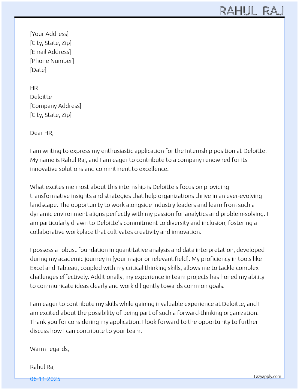 Internship At Deloitte Cover Letter