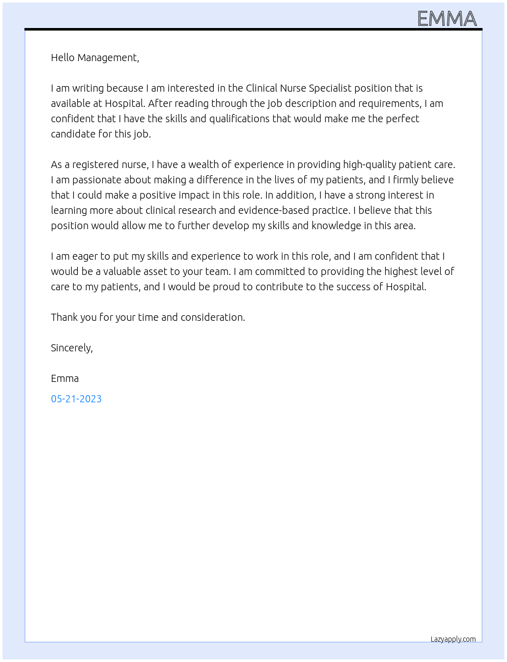 Clinical Nurse Specialist  At Hospital  Cover Letter