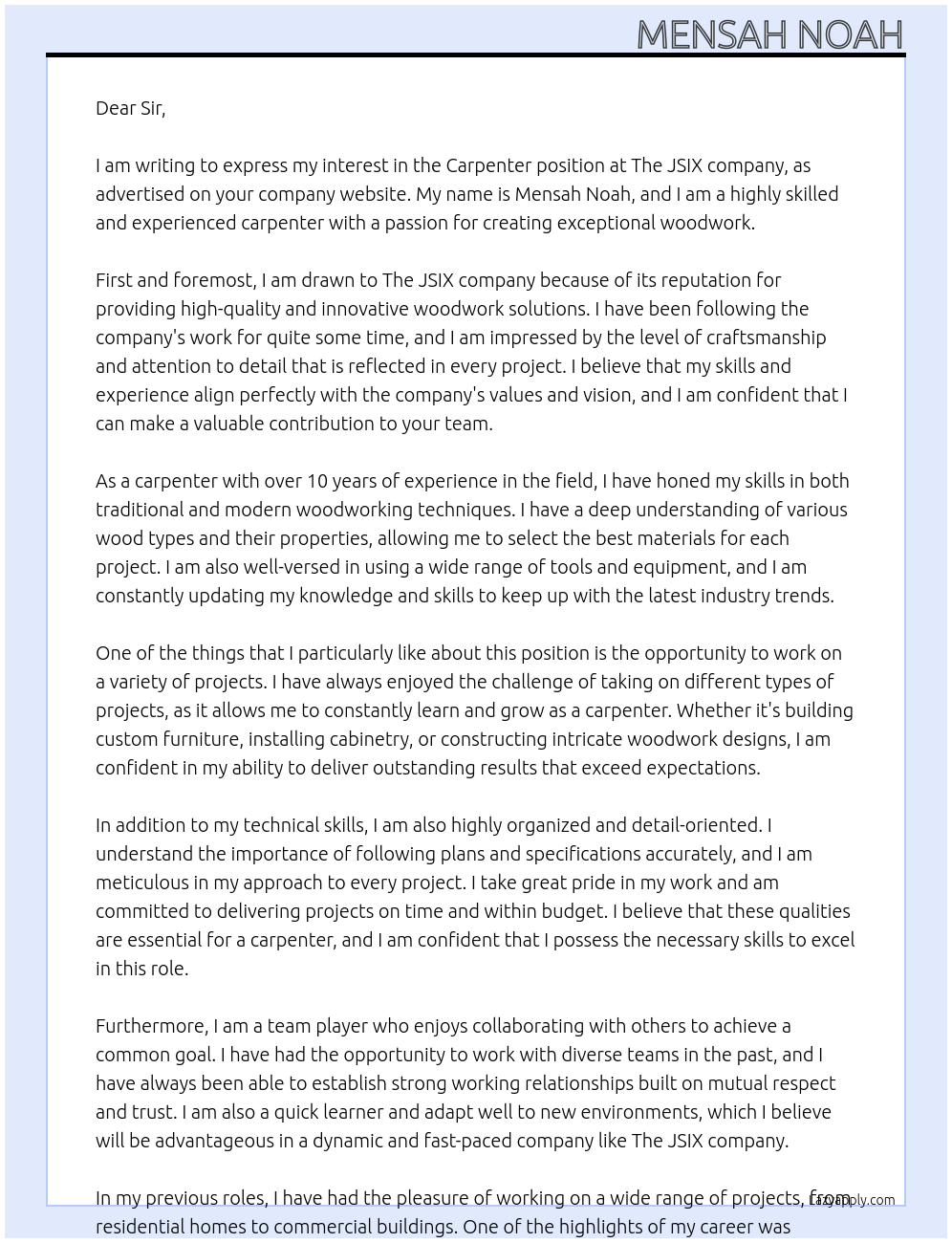 Carpenter At The JSIX company Representative Cover Letter