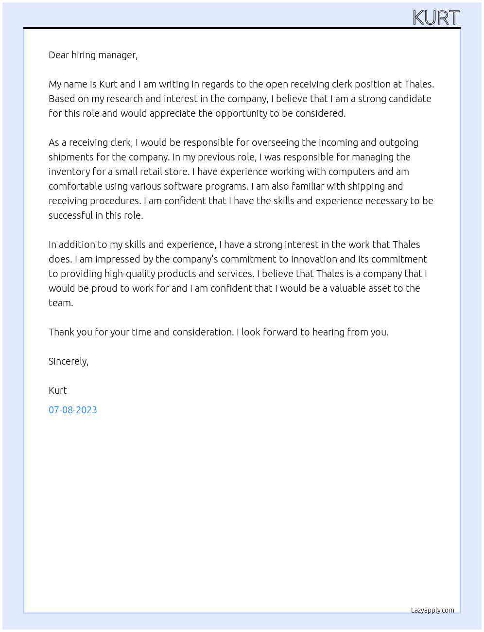 Receiving clerk At Thales Cover Letter