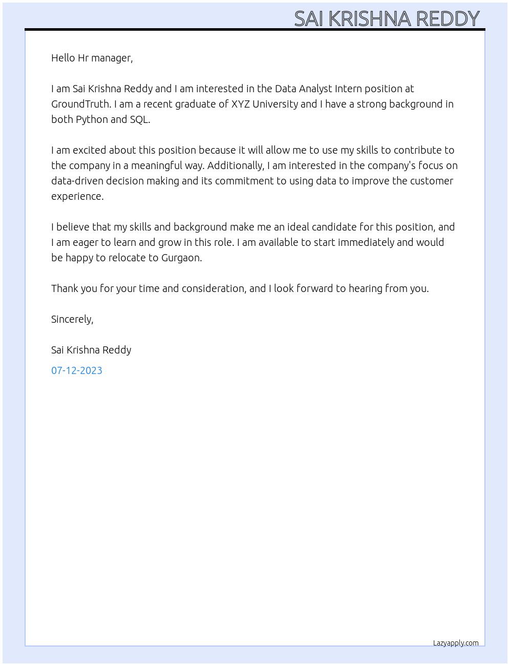 Data Analyst Intern At GroundTruth Cover Letter