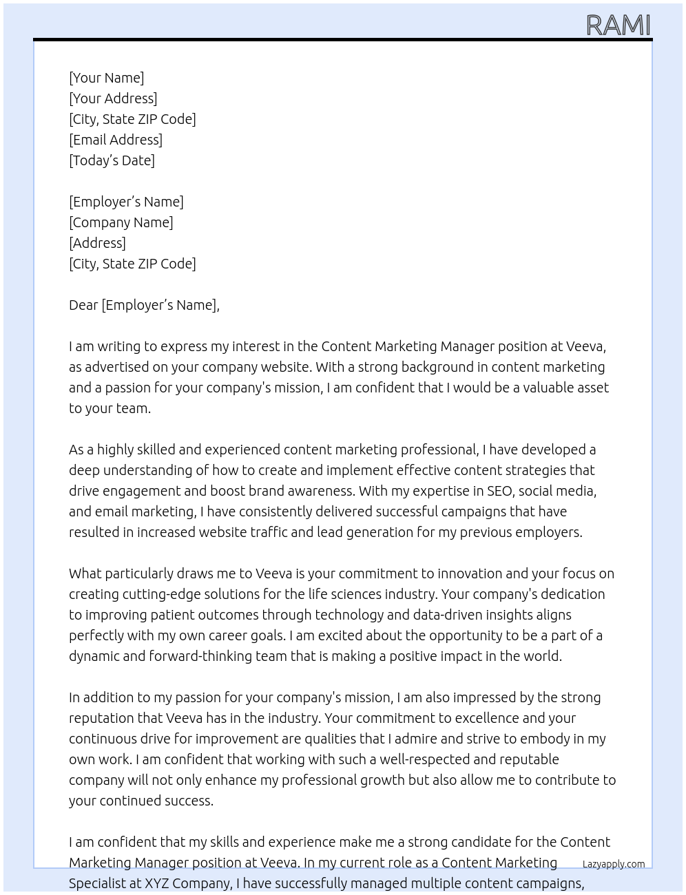 Content Marketing Manager At Veeva Cover Letter