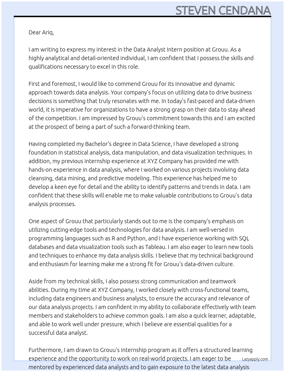 Data Analyst Intern At Grouu Cover Letter