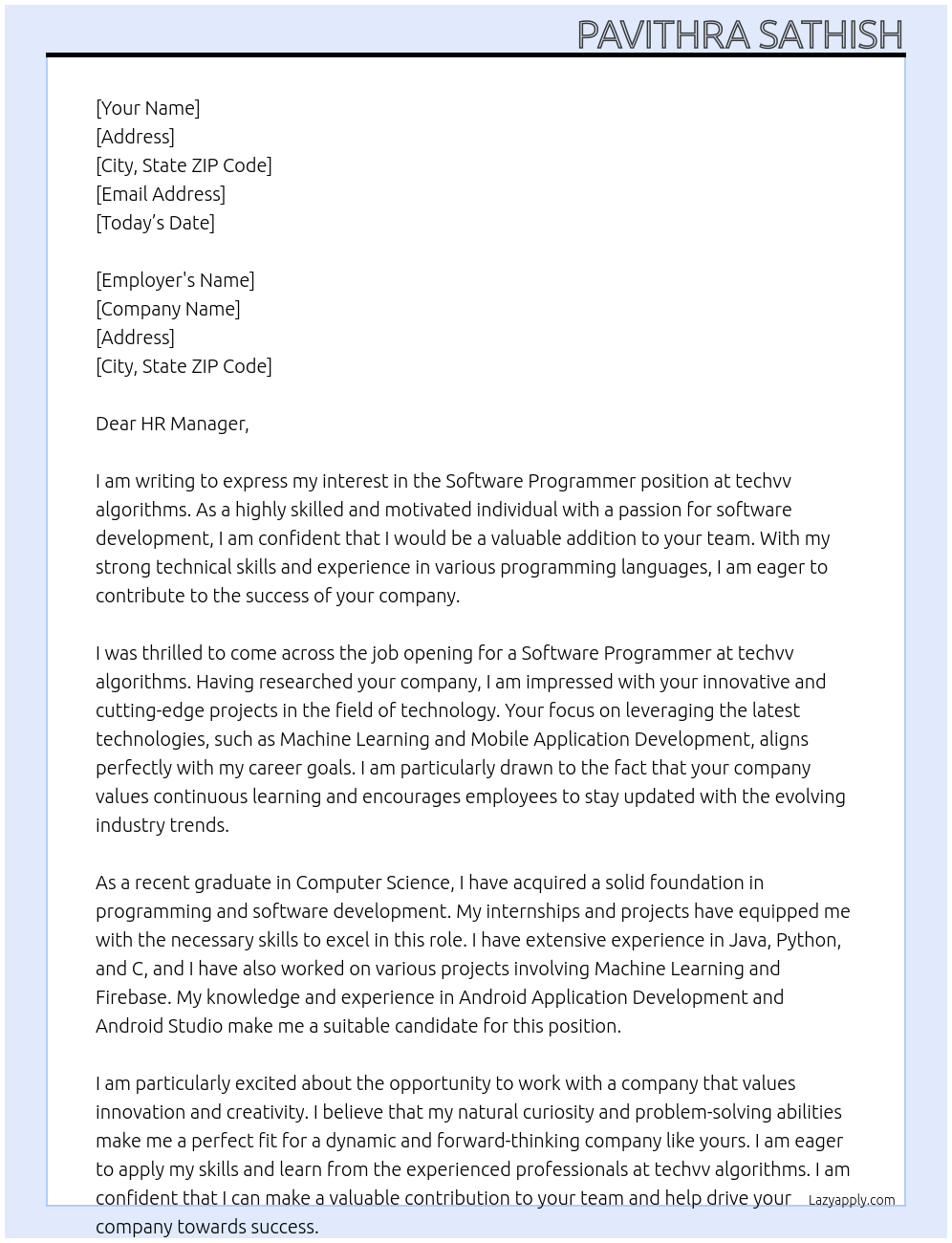 Software Programmer At techvv algorithms Cover Letter