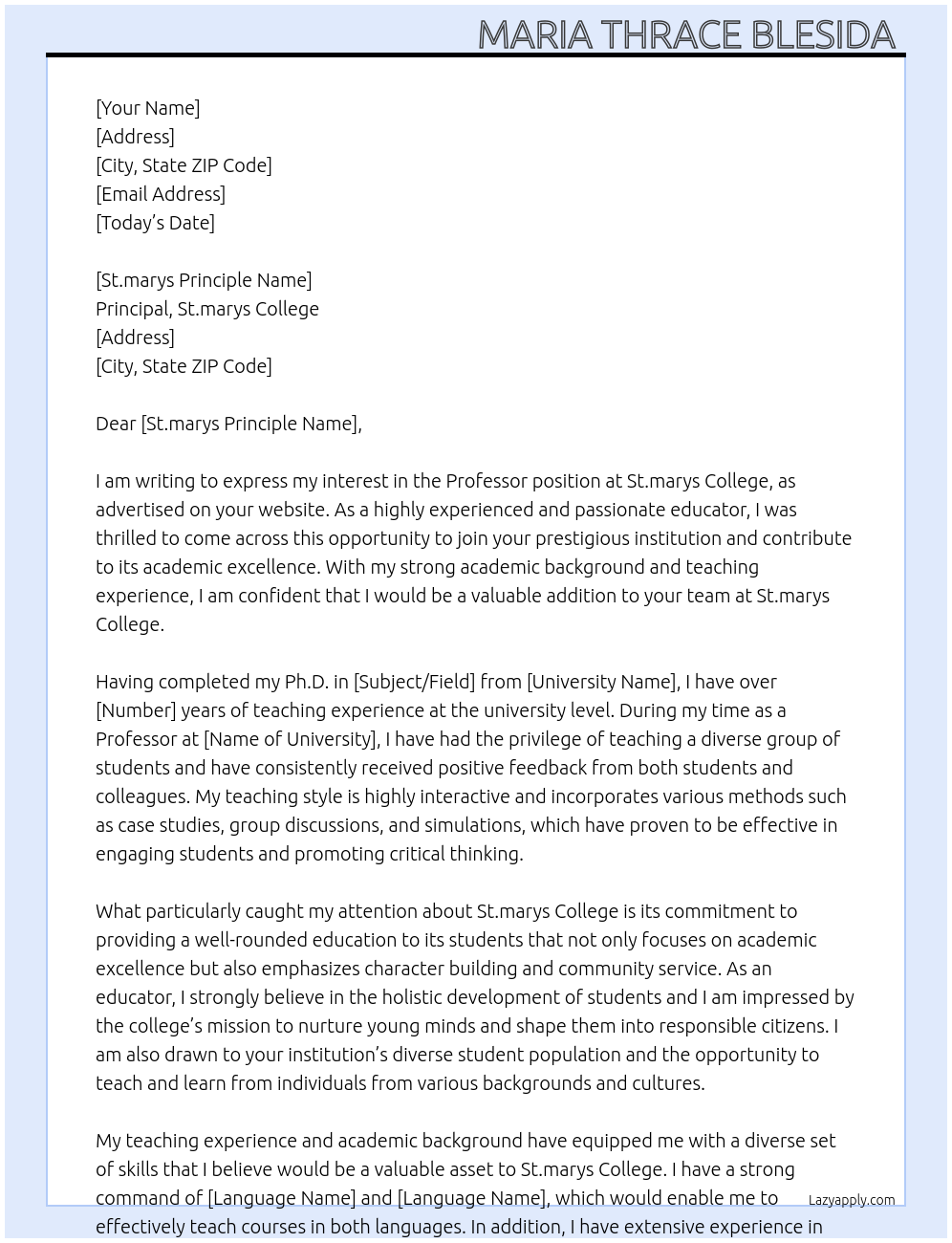 Professor At St.marys college Cover Letter