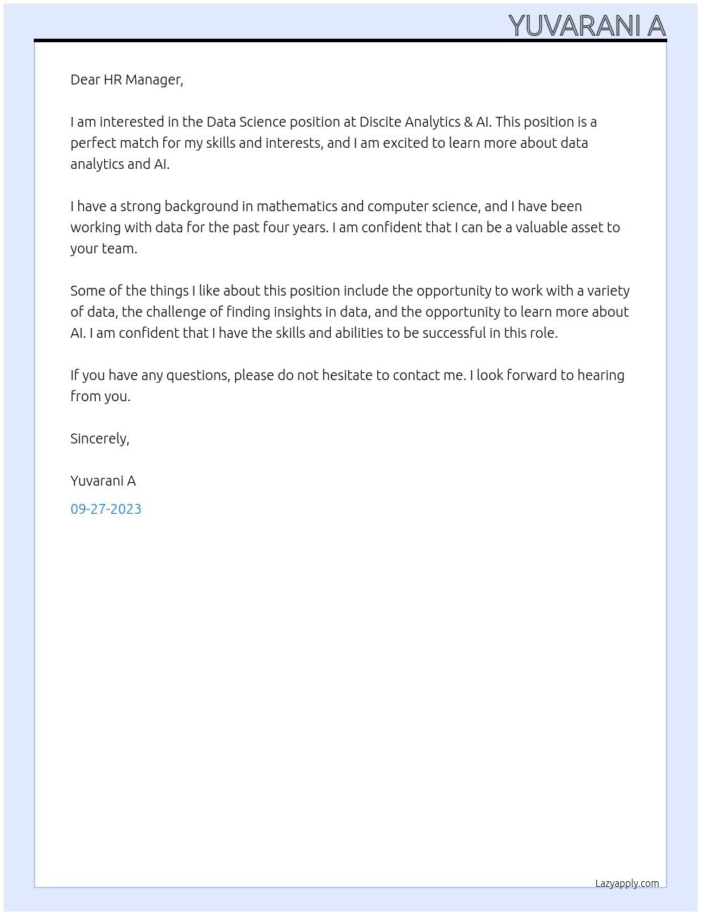 Data Science At Discite Analytics & AI Cover Letter
