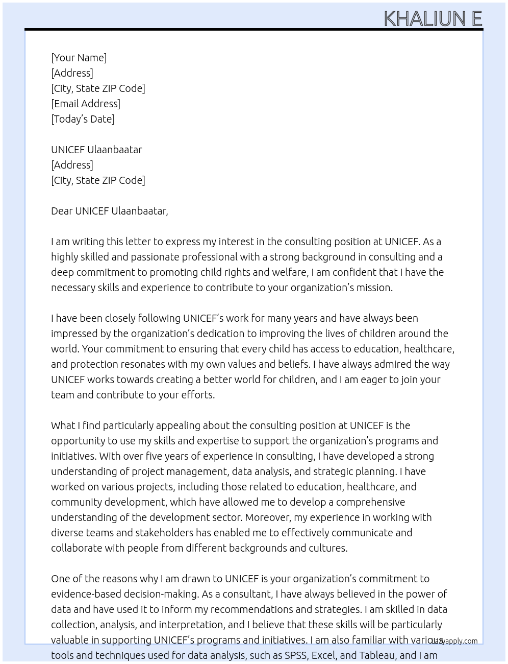 consulting At UNICEF Cover Letter