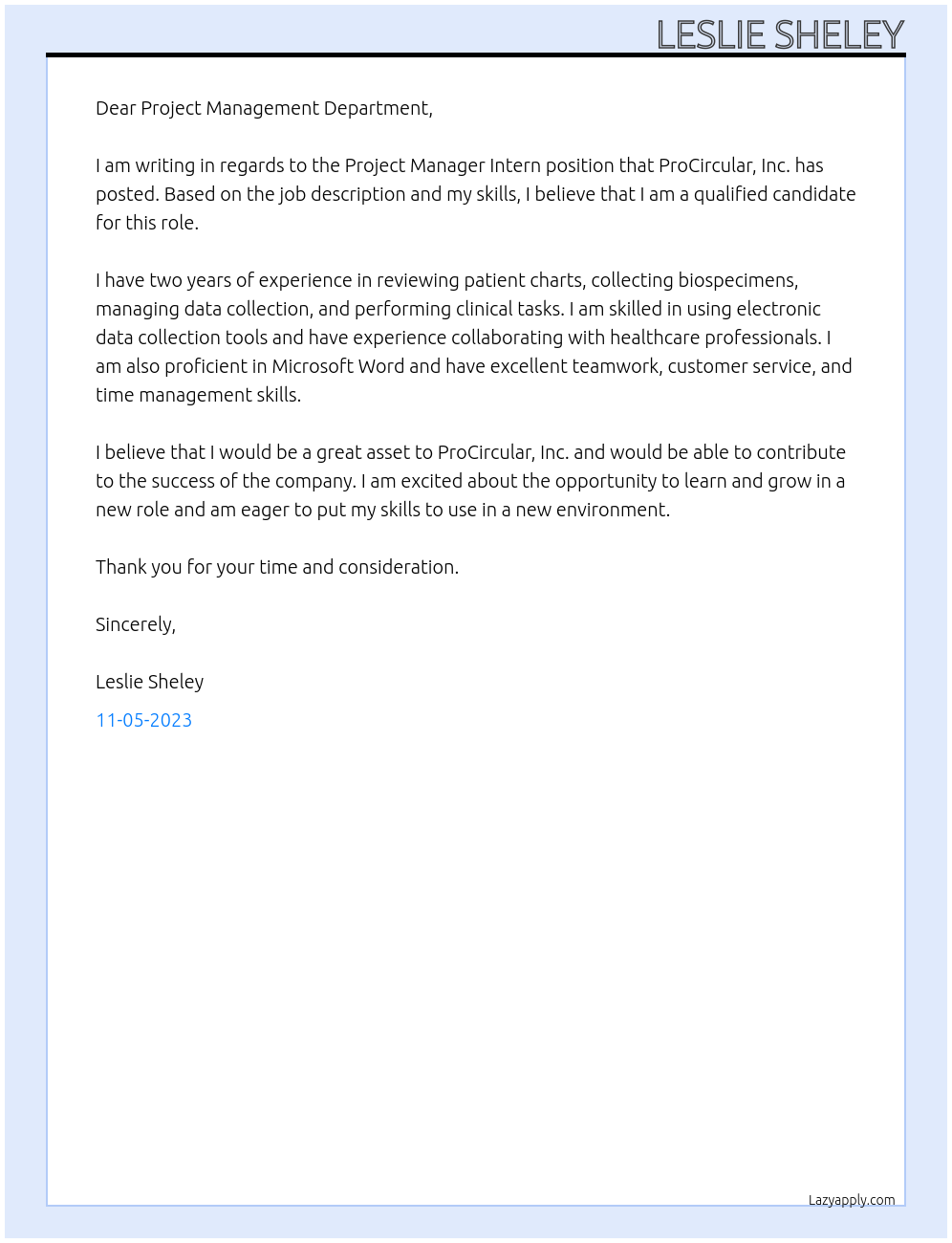 Project Manager Intern At ProCircular, Inc. Cover Letter