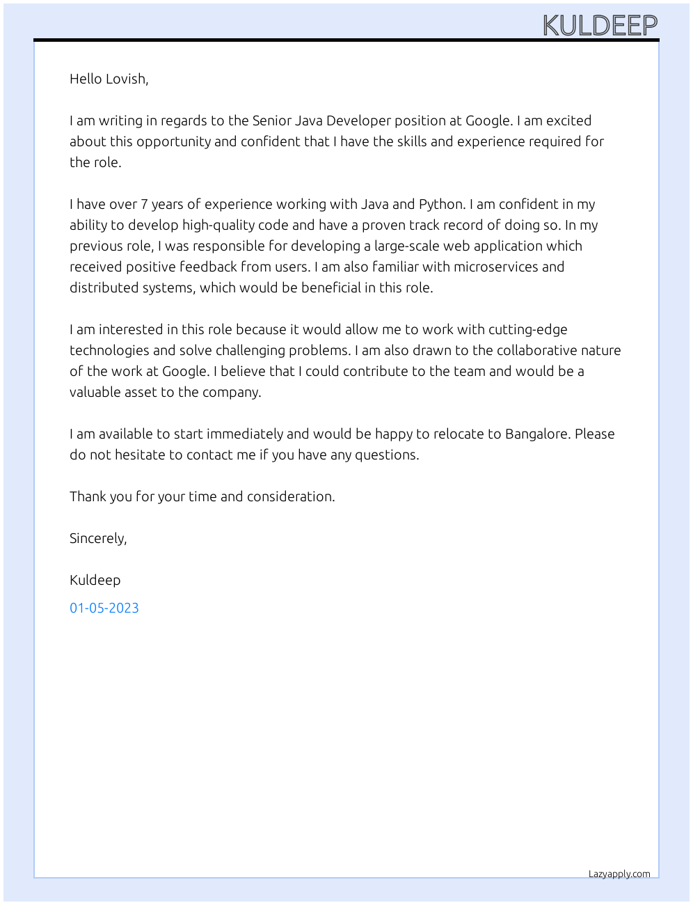 Cover letter for senior java developer - LazyApply