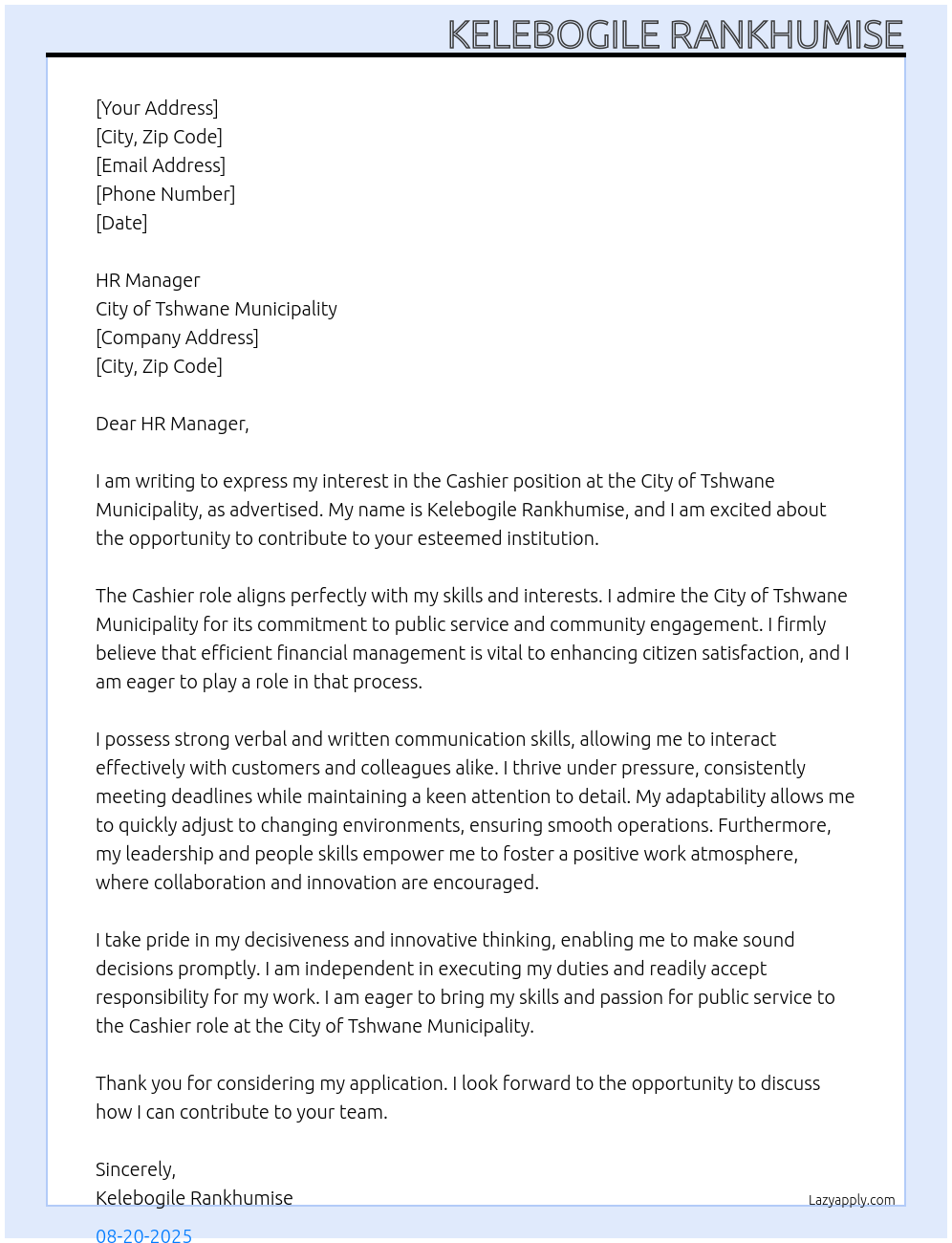 cashier At City of Tshwane municipality Cover Letter