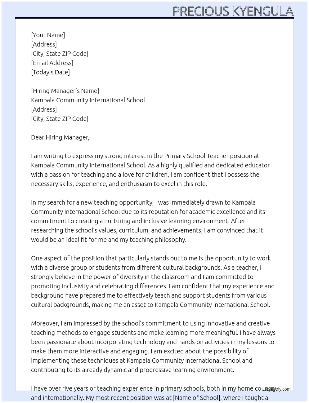 Primary school teacher At Kampala community international school Cover Letter