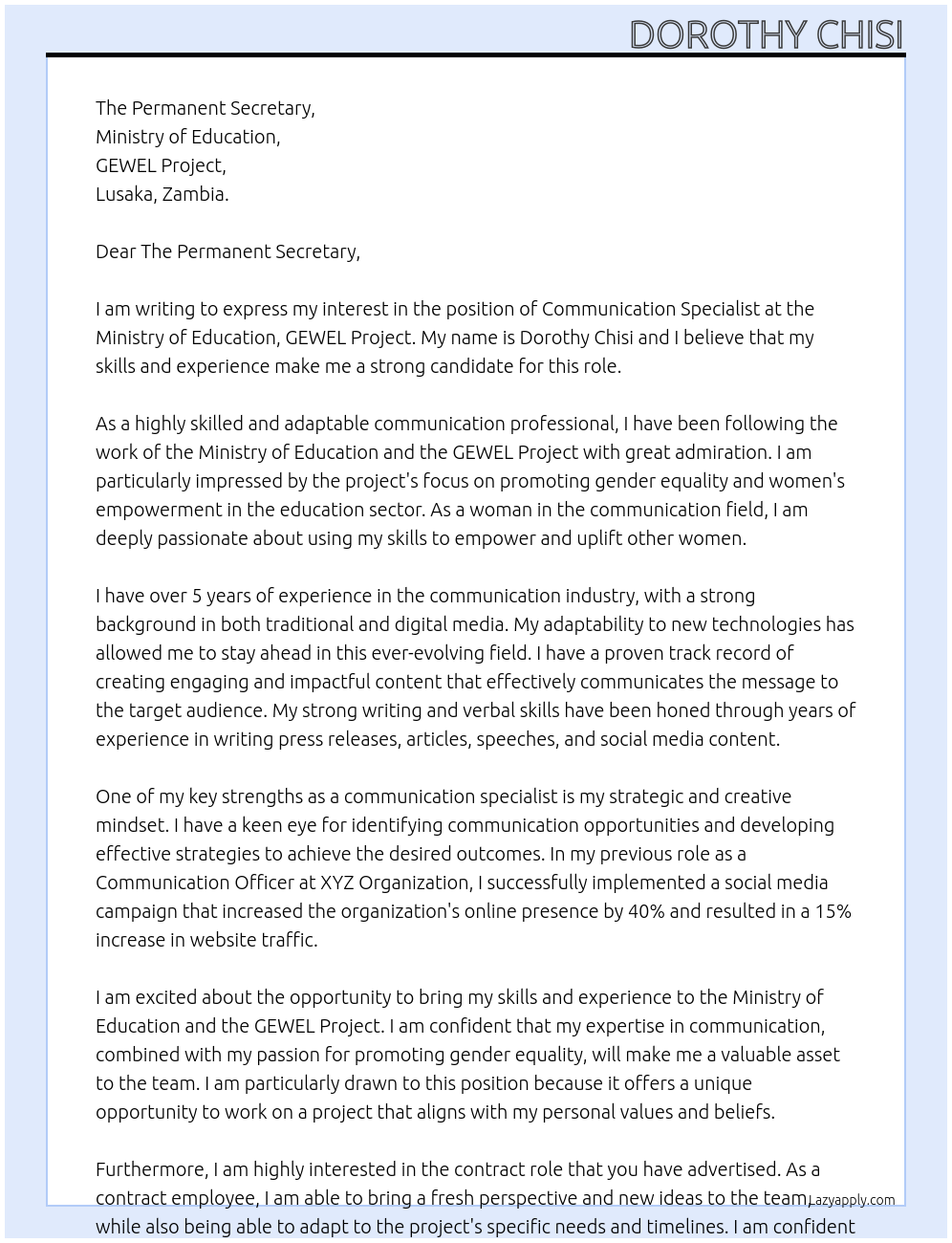 Communication Specialist At Ministry of Education,GEWEL Project Cover Letter