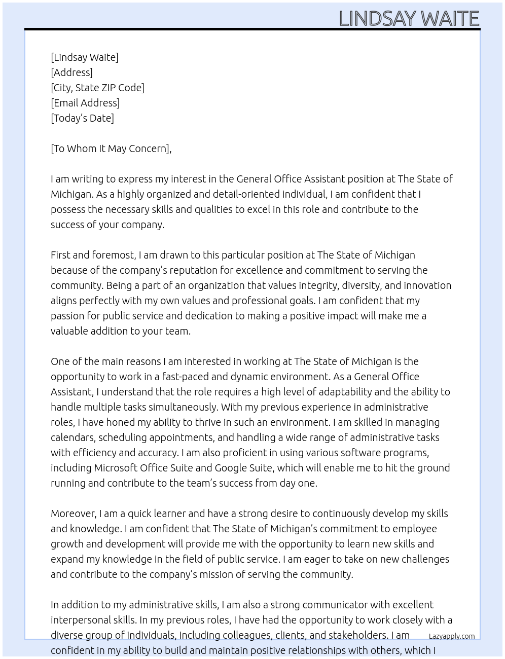 General office assistant At The state of Michigan Cover Letter