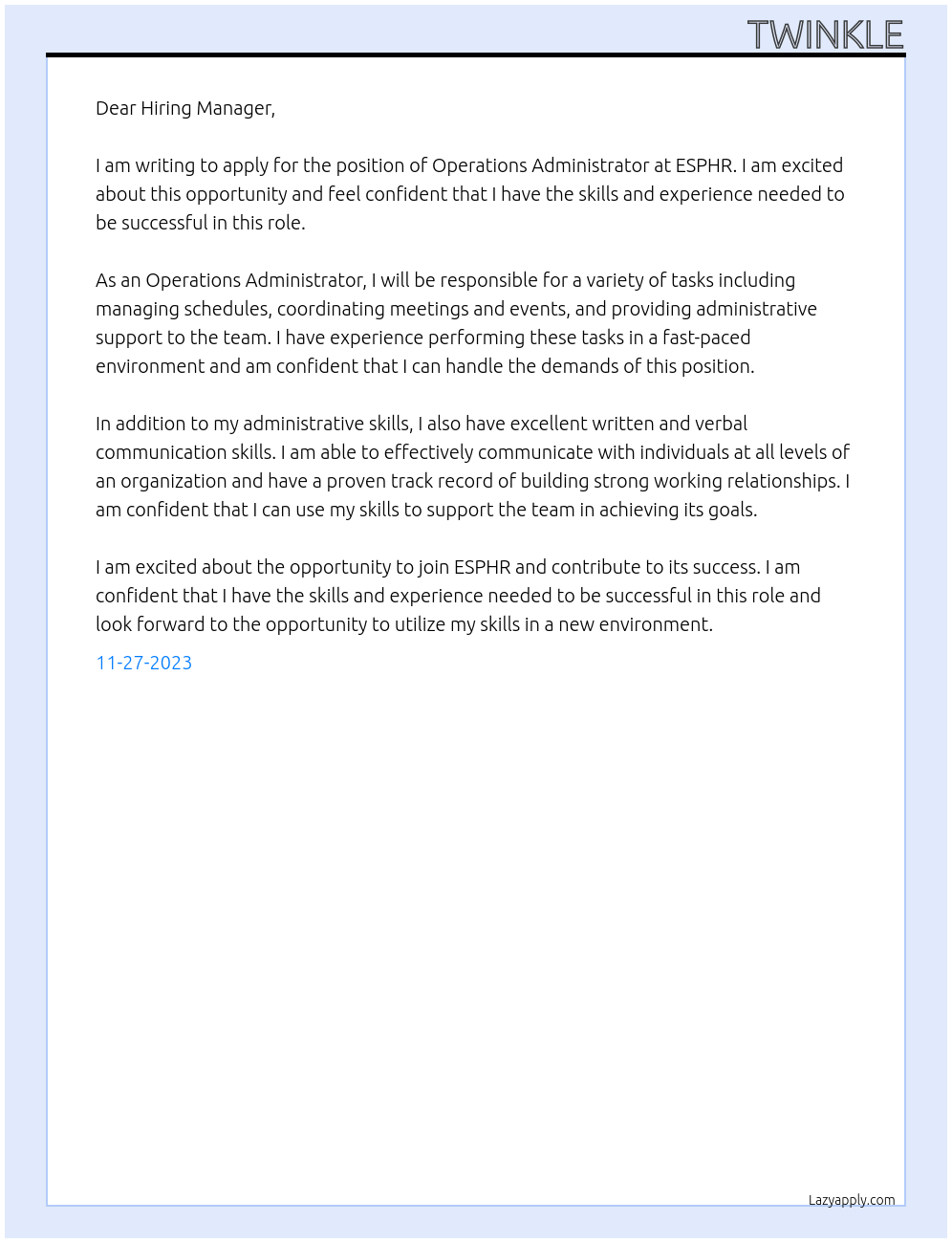 Operations Administrator At ESPHR Cover Letter