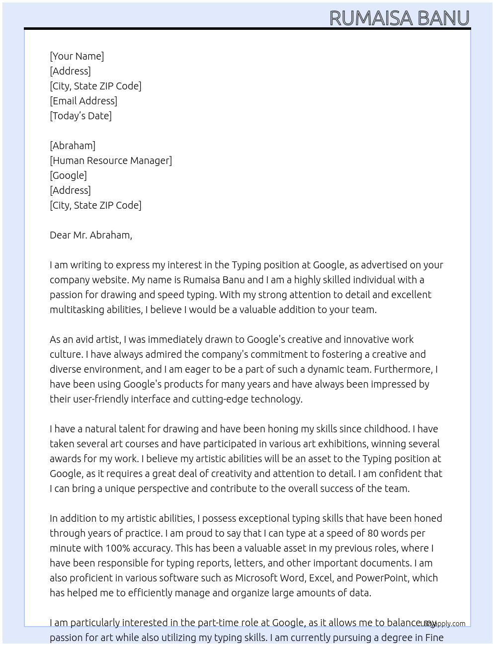 Typing At Google Cover Letter