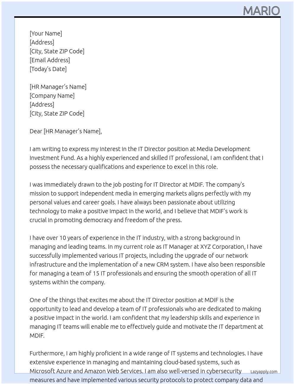 IT Director At Media Development Investment Fund Cover Letter