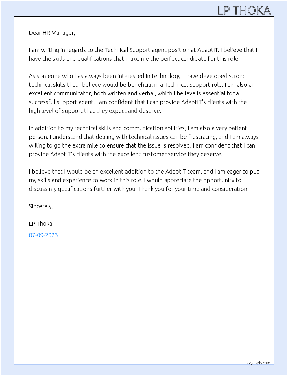 Technical Support agent At AdaptIT Cover Letter